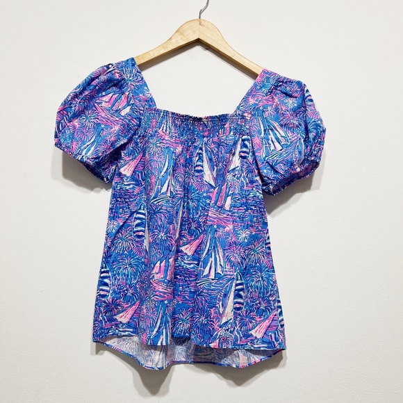 Lilly Pulitzer Keating Boca Blue Its A Sailabration Linen Blouse Shirt Top 4 - Picture 4 of 4